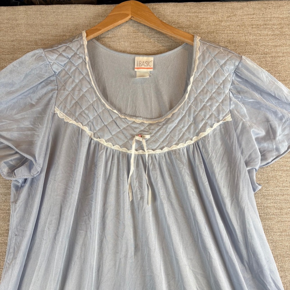 Vintage Simply Basic Nightgown Womens XL Blue Quilted Lace Trim Short Sleeve